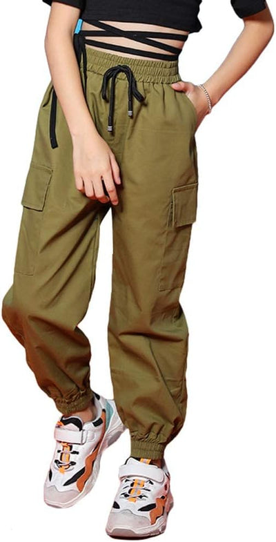 Kinder Cargo Hose Elastische Taille Jogger Hose für Jungen Mädchen Street Hip Hop Armee-grün 122-128