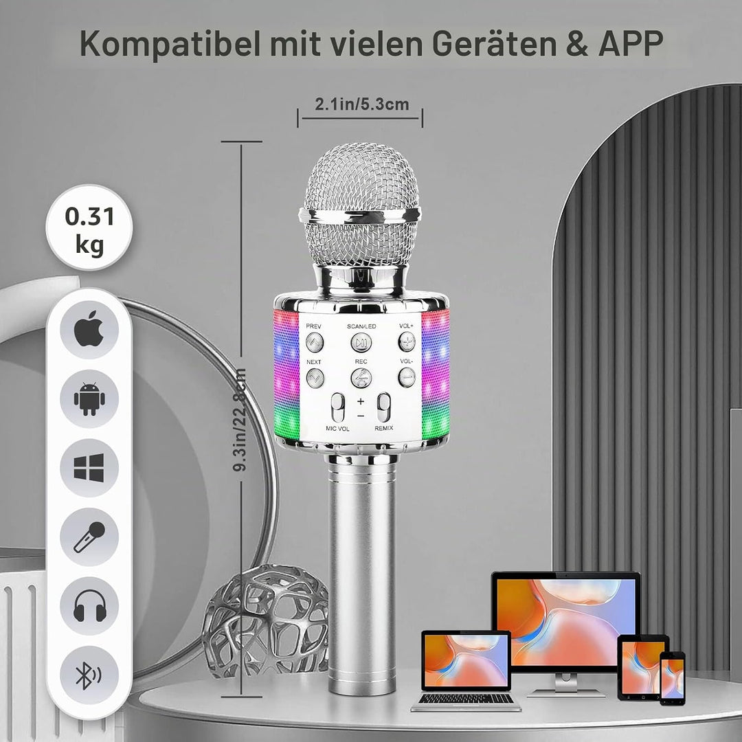 ShinePick Mikrofon Kinder Bluetooth, 4-in-1 Drahtloses Karaoke Mikrofon, Tragbare LED Microphone Spi