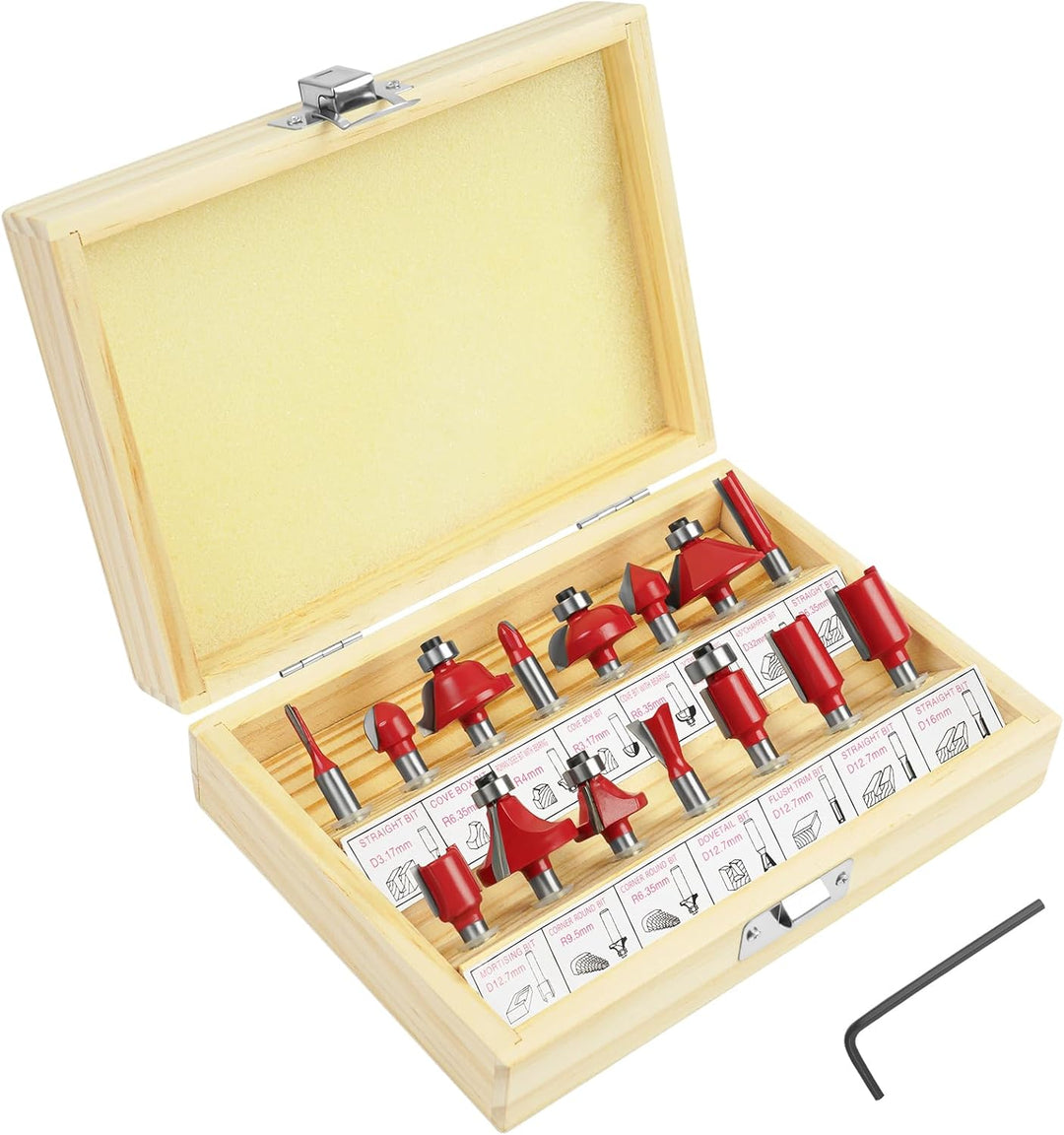 flintronic Fräser-Set, 6.35MM Fräsen Werkzeug Set, 15-tlg Holzkoffer Geschmiedeter Werkzeugstahl Obe