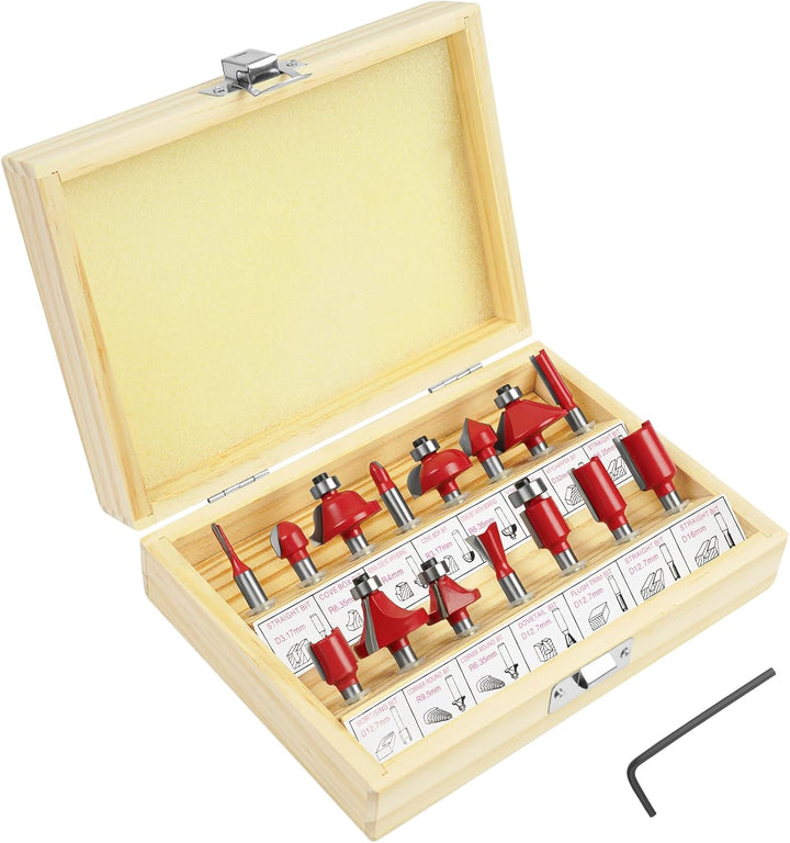 flintronic Fräser-Set, 6.35MM Fräsen Werkzeug Set, 15-tlg Holzkoffer Geschmiedeter Werkzeugstahl Obe