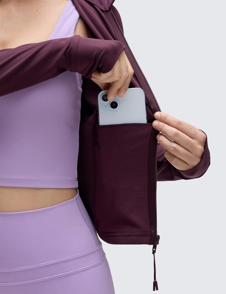 CRZ YOGA Damen Butterluxe Full Zipper Sport Jacke Zip Tasche Crop Running Laufjacke Gym Langarmshirt