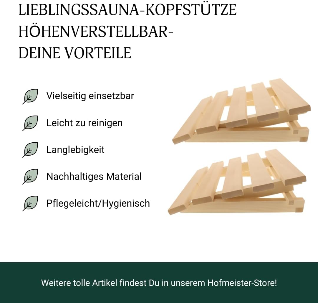 2X HOFMEISTER® Höhenverstellbare Kopfstütze für die Sauna aus Linden-Holz, 40 cm, ergonomisch einste