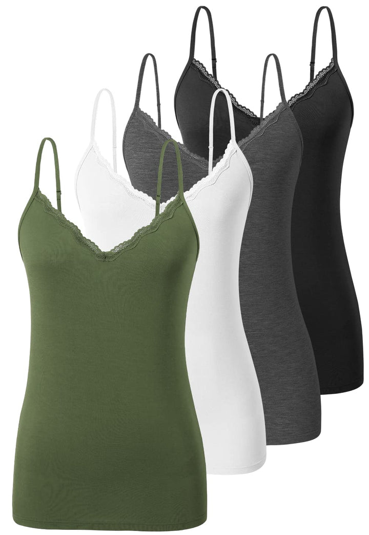 Damen Tanktop mit Spitzen Unterhemd Spaghettiträger Basic Top V-Ausschnitt Verstellbare Trägertop 4e