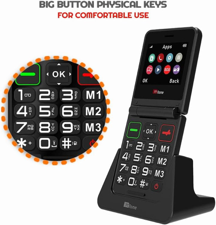 TTfone Klapphandy TT660 mit faltbarem Design, grossen Tasten, Notruf, Langer Akkulaufzeit und 3G & 4
