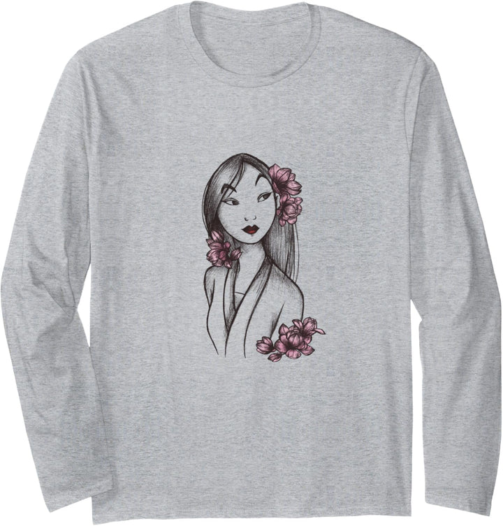 Disney Mulan Sketched Floral Hair Portrait Langarmshirt