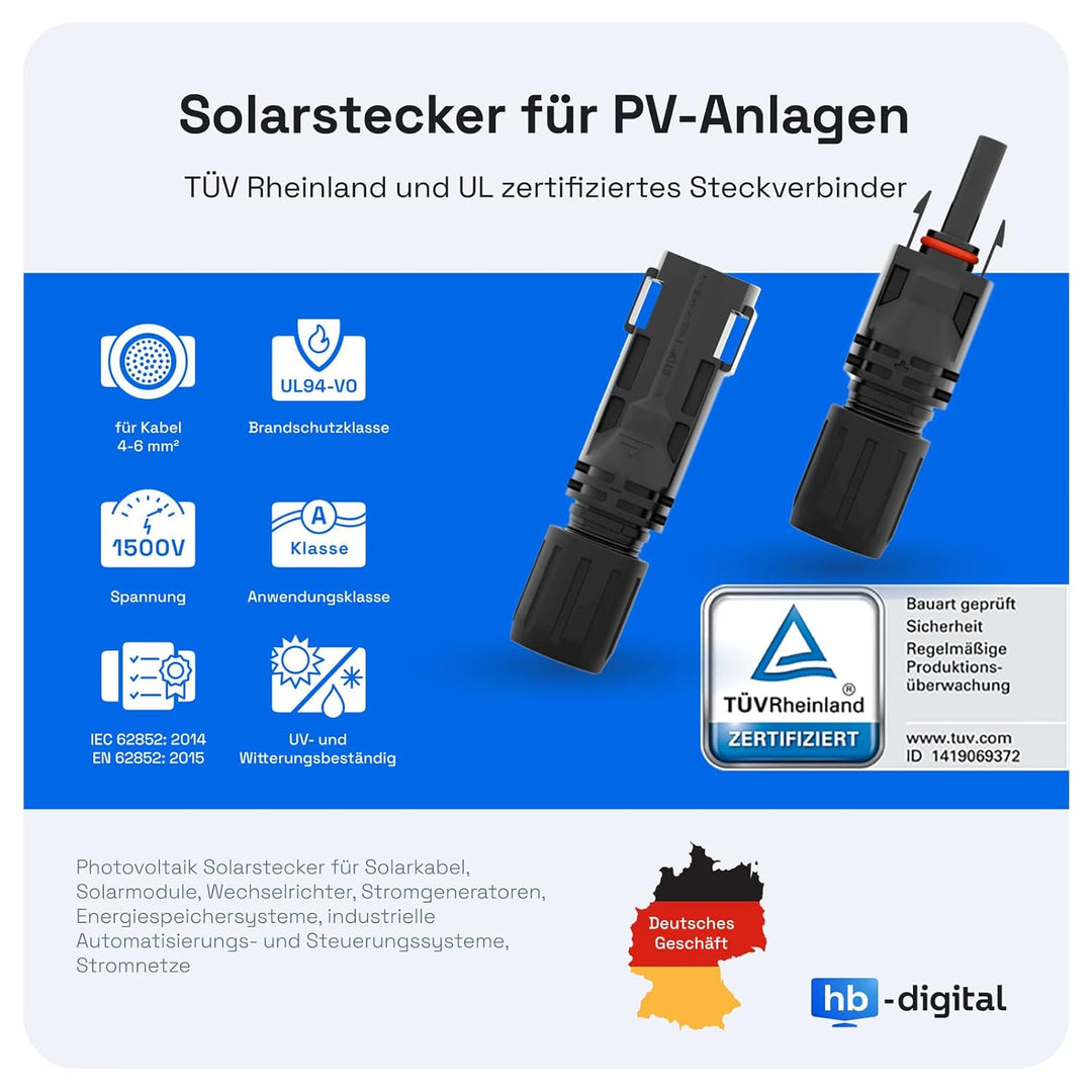 hb-digital Solarkabel Verlängerung 6mm² PV Kabel Solar Verlängerungskabel mit Steckern und Buchsen R