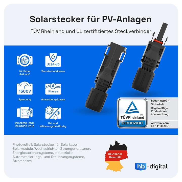 hb-digital Solarkabel Verlängerung 6mm² PV Kabel Solar Verlängerungskabel mit Steckern und Buchsen R