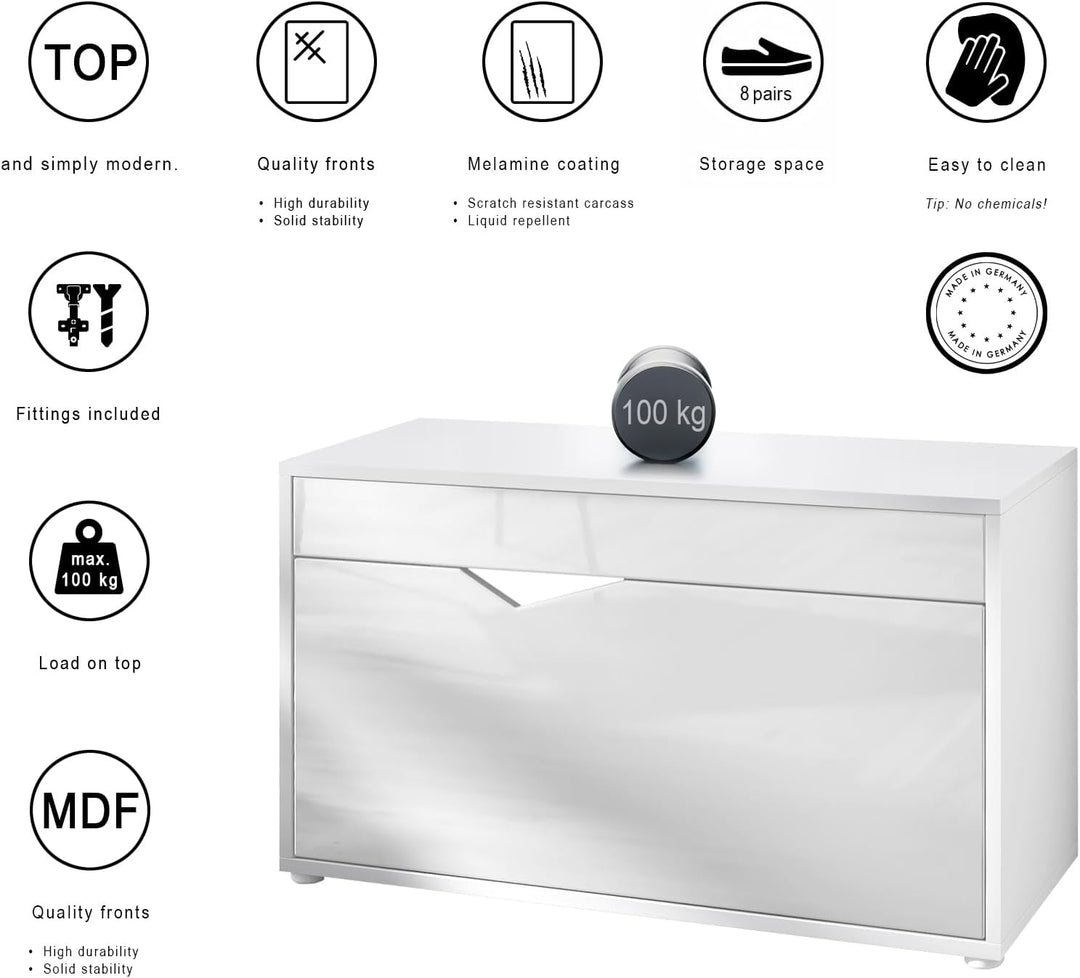 Vladon Kolmio Schuhbank, Sitzbank für 8 Paar Schuhe, Schuhregal mit Sitzfläche, Weiss matt/Grau Hoch