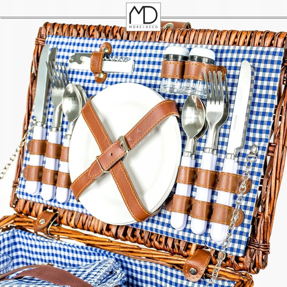Zolta Picknickkorb 4 Personen - Korb mit Deckel - Weidenkorb mit Picknick Geschirr und Thermotasche