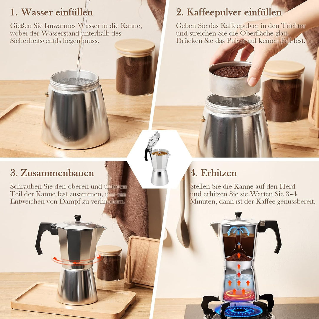 Espressokocher aus Aluminium, Mokkakanne 450 ml für 9 Tassen | Transparenter Deckel, Tropffreie Ausg