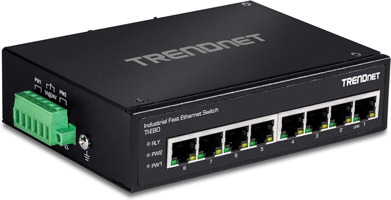 TRENDnet TI-E80 Industrieller nicht verwalteter 8-Port-Fast-Ethernet-DIN-Rail-Switch, 8-fache Fast-E