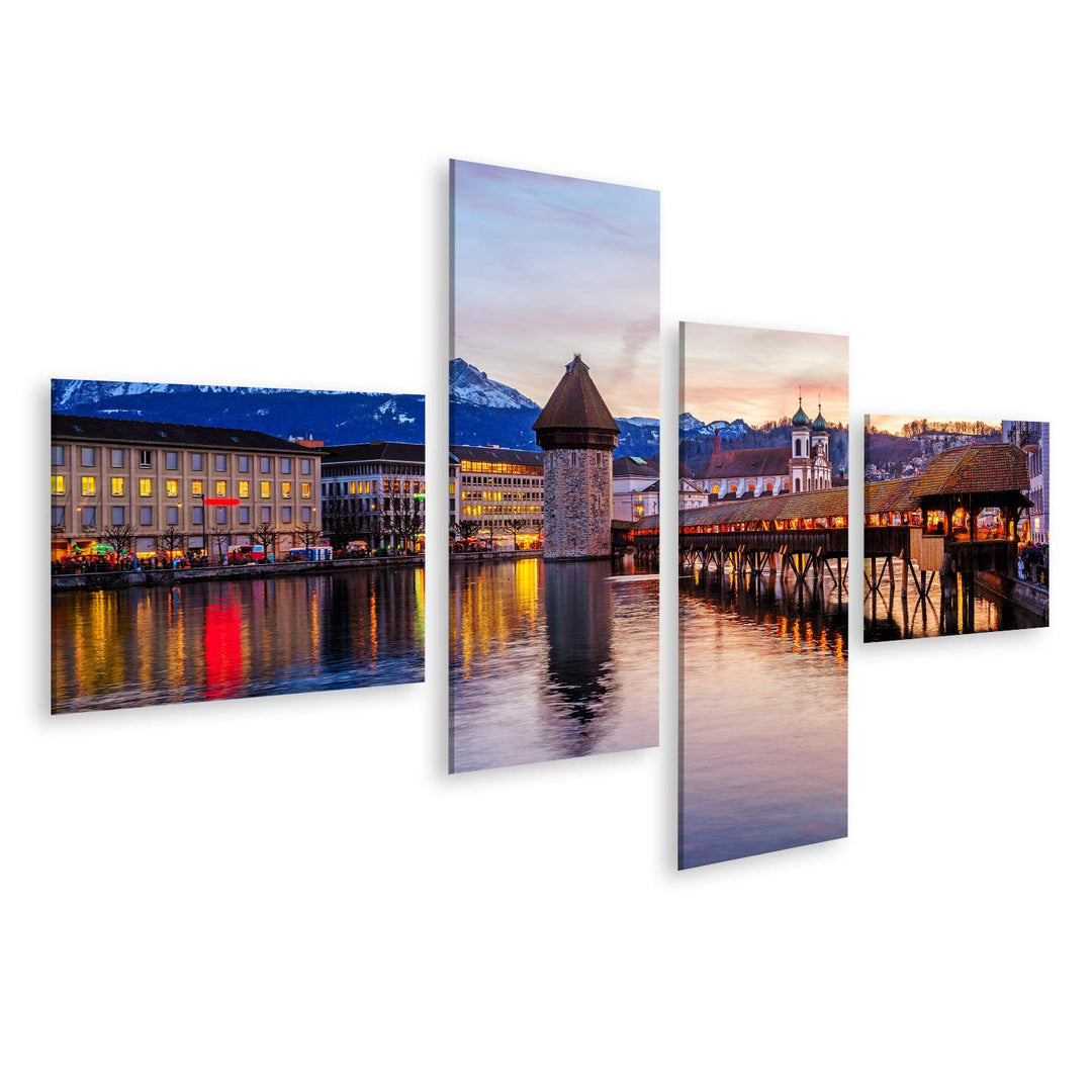 Bild auf Leinwand Luzern Schweiz Die Hölzerne Kapellbrücke In Der Historischen Altstadt Und Der Pila