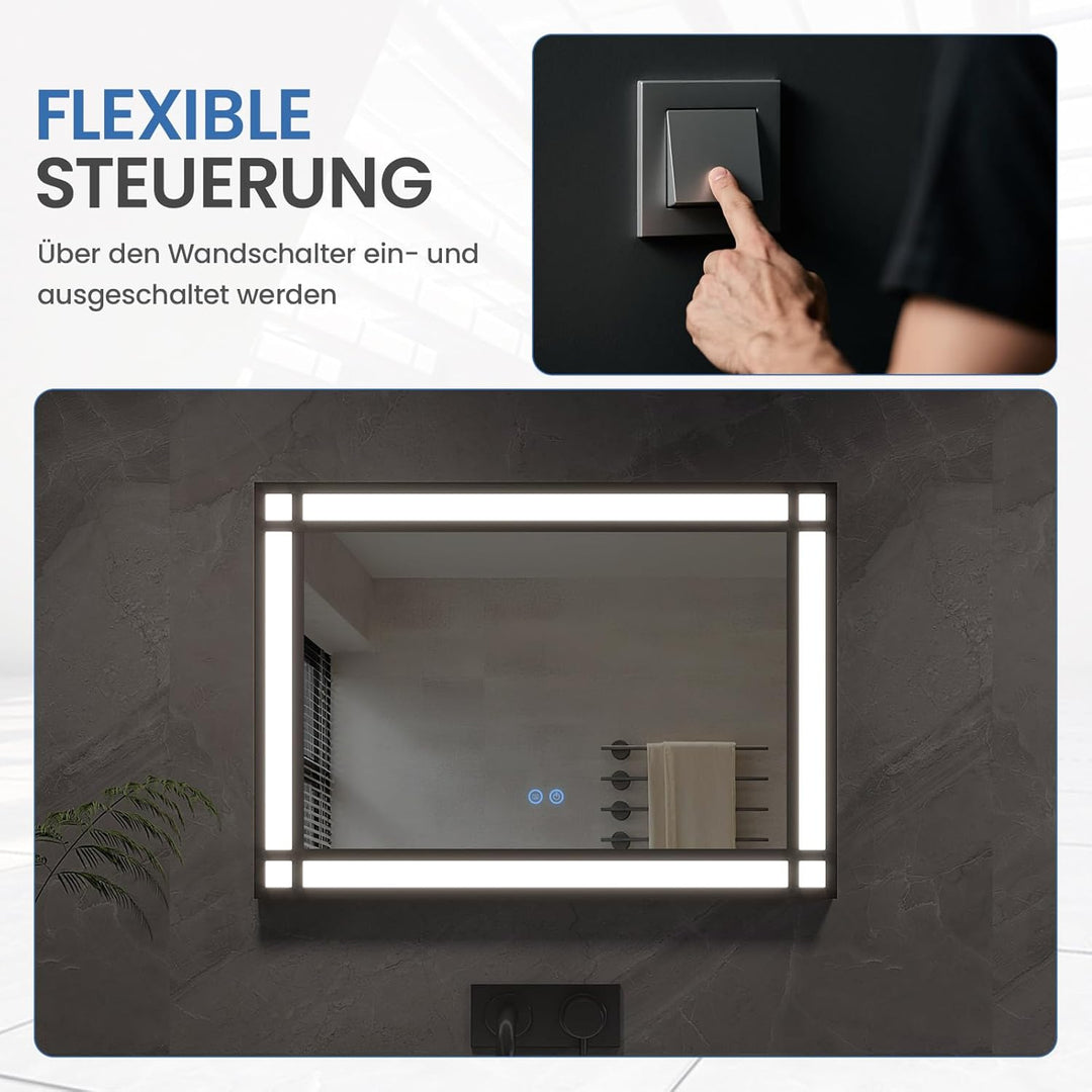 AQUABATOS Badspiegel mit Beleuchtung Schwarzer Rahmen Fensteroptik 50x70cm, Badezimmerspiegel Beleuc
