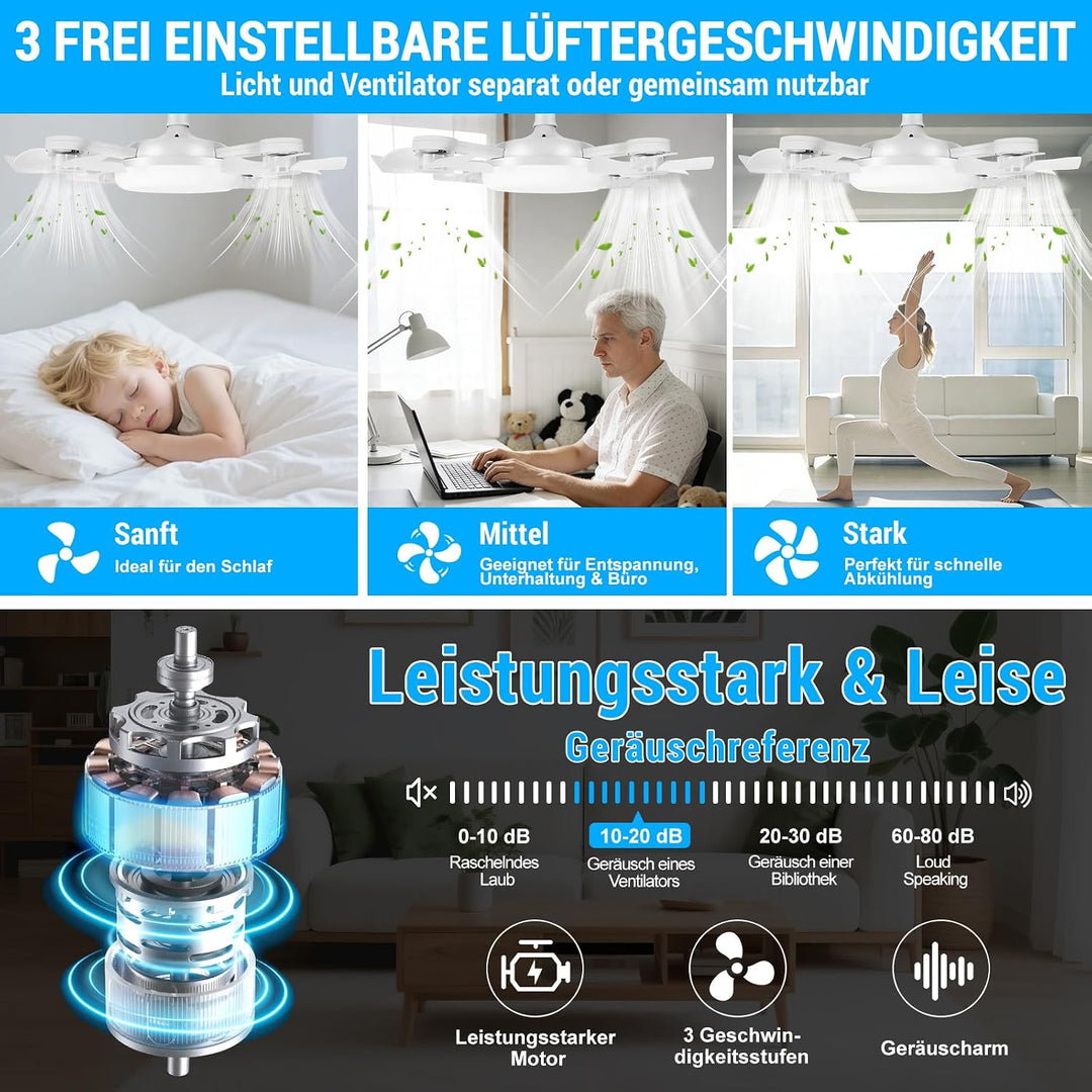 Deckenventilator mit Beleuchtung, 50CM Faltbarer Lampe mit Ventilator, Timer- und Speicherfunktion,