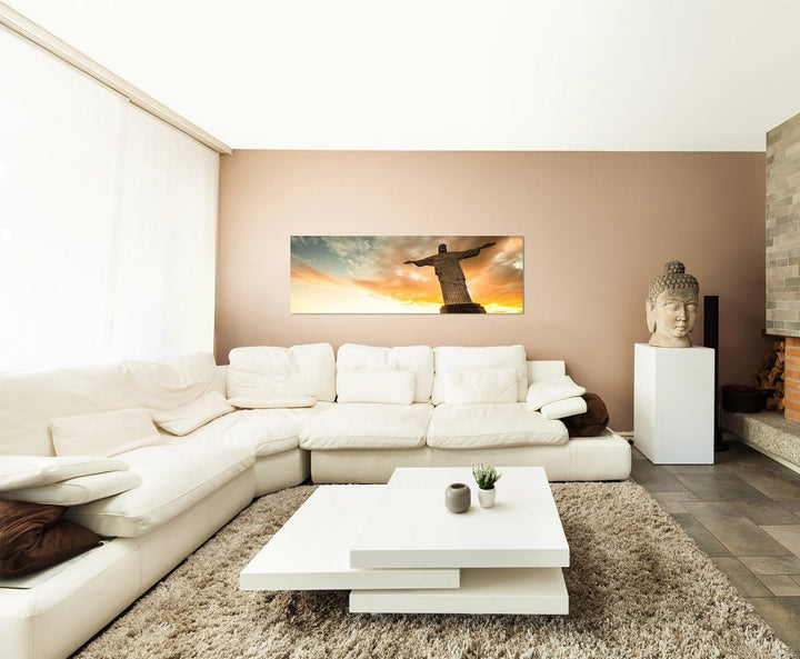 Paul Sinus Art Panoramabild auf Leinwand und Keilrahmen 150x50cm Rio De Janeiro Statue Sonnenunterga
