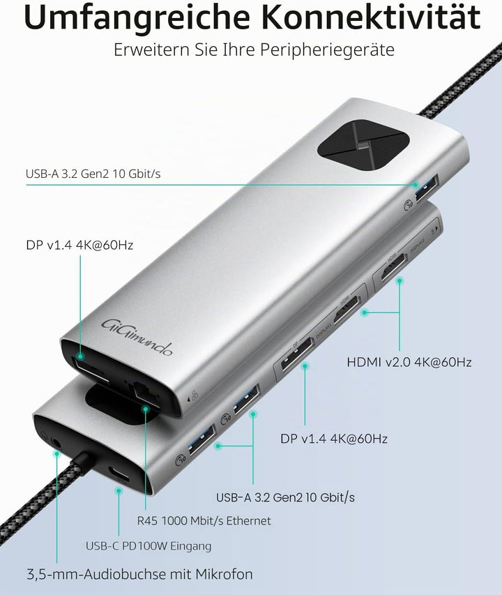 GiGimundo LK10 DisplayLink Docking Station Dual Monitor 4K 60Hz für M1/M2/M3 MacBook Air/Pro, Tragba