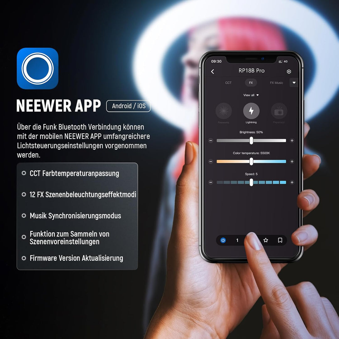 NEEWER Professionelles Ringlicht mit Ständer und Telefonhalter, 18" dünn, 45W 2900K-7000K TLCI98, Fe