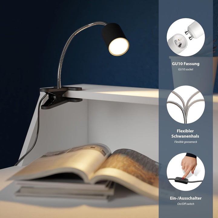 ledscom.de Klemmleuchte WAIKA Schwanenhals und Schalter schwarz matt + GU10 LED, PAR16, warmweiss, 6