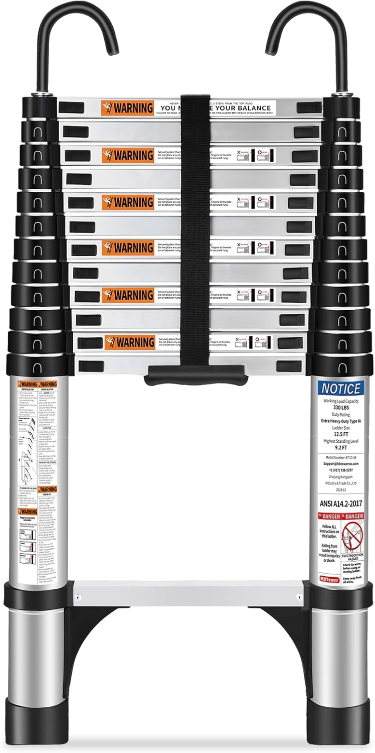 3,8mTeleskopleiter mit Haken, HBTower Leichte Ausziehleiter, Leiter Ausziehbar, klappbare Leiter für