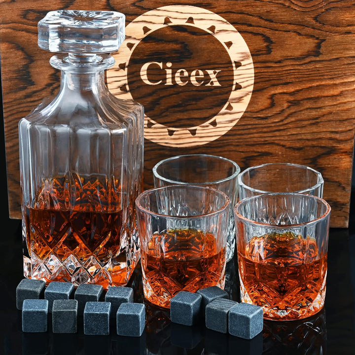 Cieex Whiskey Karaffe Set , 750ml Dekanter mit 4 x 220ml Whiskeygläser 12 Steine Schöne, Geschenk Bo