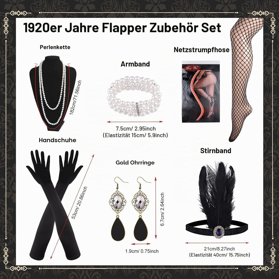 FEPITO 1920er Jahre V-Ausschnitt Pailletten Perlen Fransen Kleid mit 20er Jahren Zubehör Set Pure Bl
