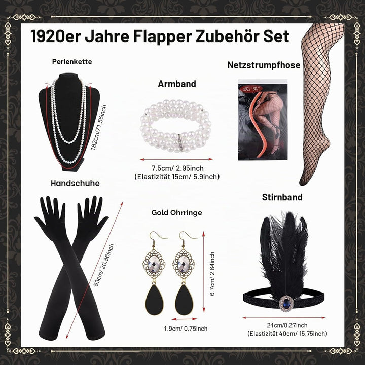 FEPITO 1920er Jahre Kleid mit V-Ausschnitt, Pailletten, Perlen und Fransen S Pure Black Gold, S Pure