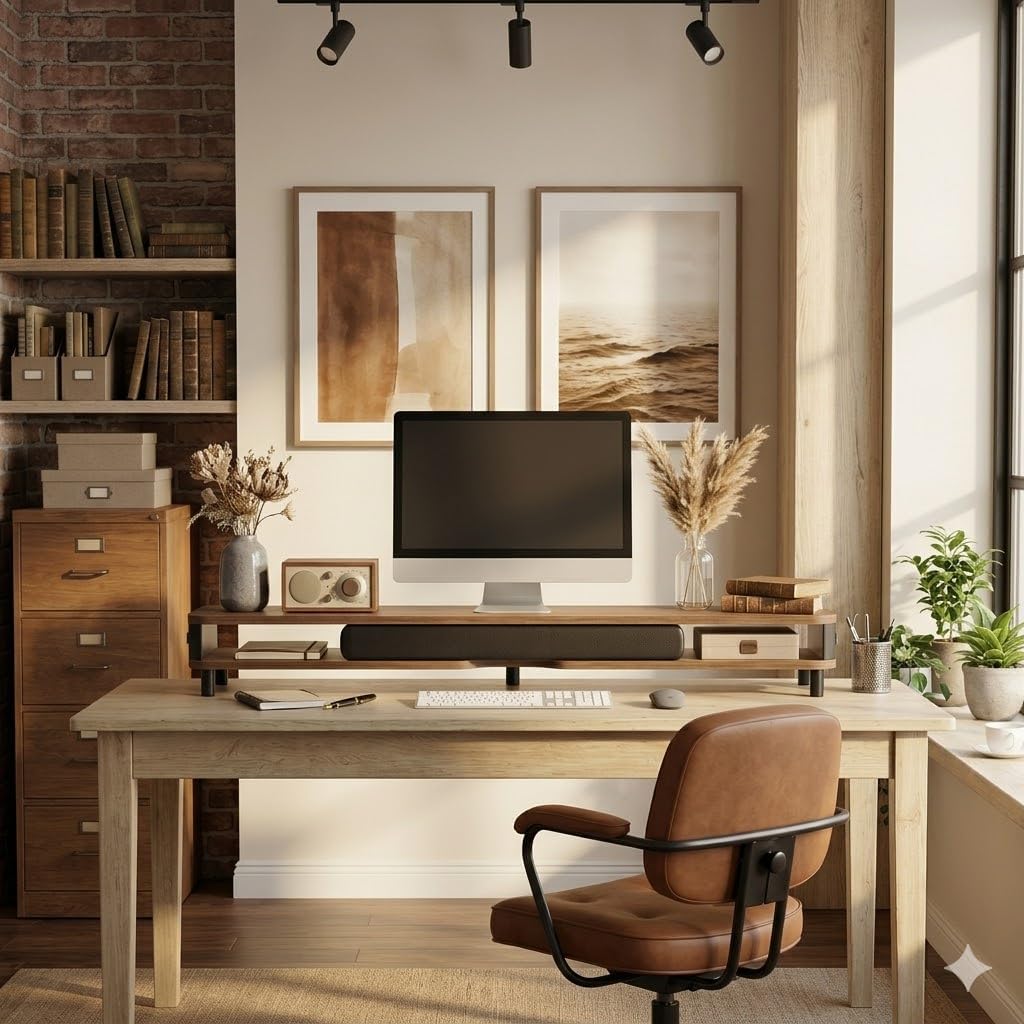 Fenge Dual Monitorständer mit Schublade, 108cm Bildschirmerhöhung mit Aluminiumbeinen & Ledergriff,