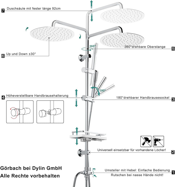 Görbach Regendusche Duschsystem Duschset mit Ablage Duschstangeset ohne Duscharmatur Chrom (D25) YT-