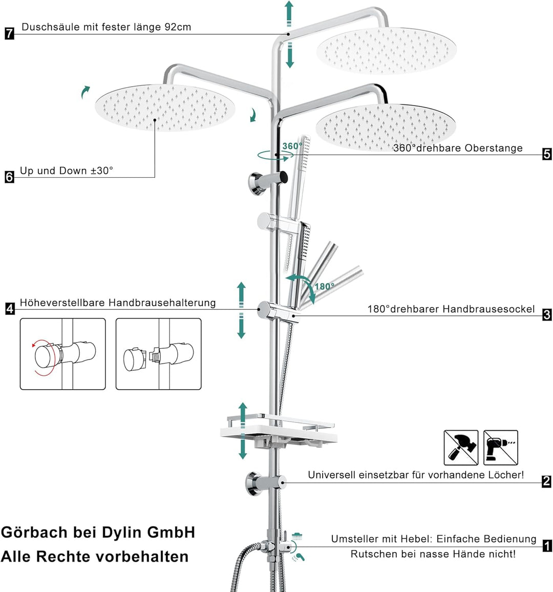 Görbach Regendusche Duschset Duschsystem mit Ablage Chrom Wassersparend ohne Duscharmatur (D20) YT-D