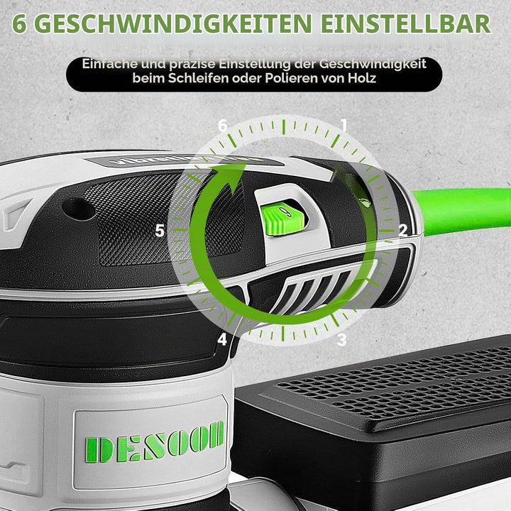 DESOON Exzenterschleifer 125mm, 300W Schleifmaschine für Holz mit 6 Geschwindigkeiten und Max.14000