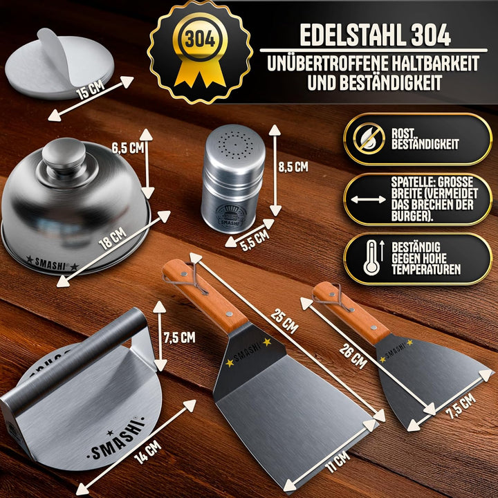 SMASHI® Smash Burger Set mit Holzgriffen – Grillzubehör aus Edelstahl 304 Burgerpresse, Spachteln &