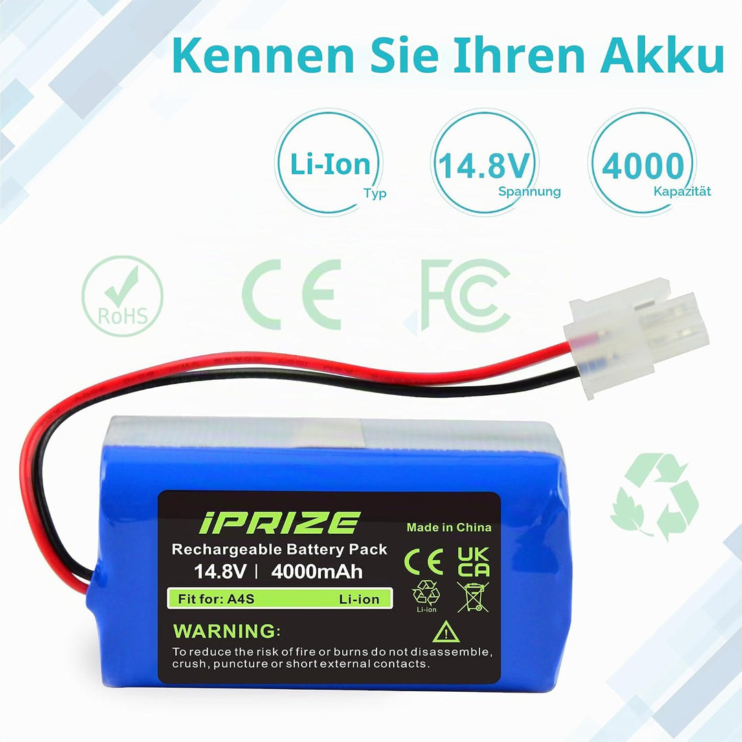 iPrize 14.8V 4000mAh Ersatzakku für iLife A4, A4s, A6, V7, V7s Plus, V7s Pro, X620 Staubsauger Haush