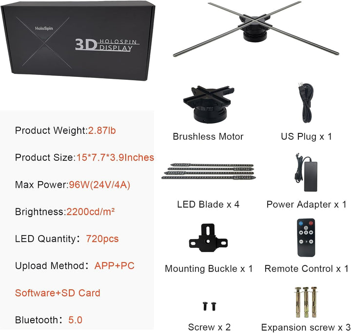 60CM 3D Hologramm Projektor mit WiFi und Bluetooth,3D Hologramm Fan mit 720 LEDs und 2500 cd/m² und