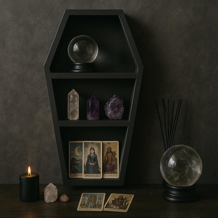 Sargregal aus Holz, Gothic-Dekoration, Hexenregal, Oddities Hängeregal, Sarg Make-up Regal. Gothic-D