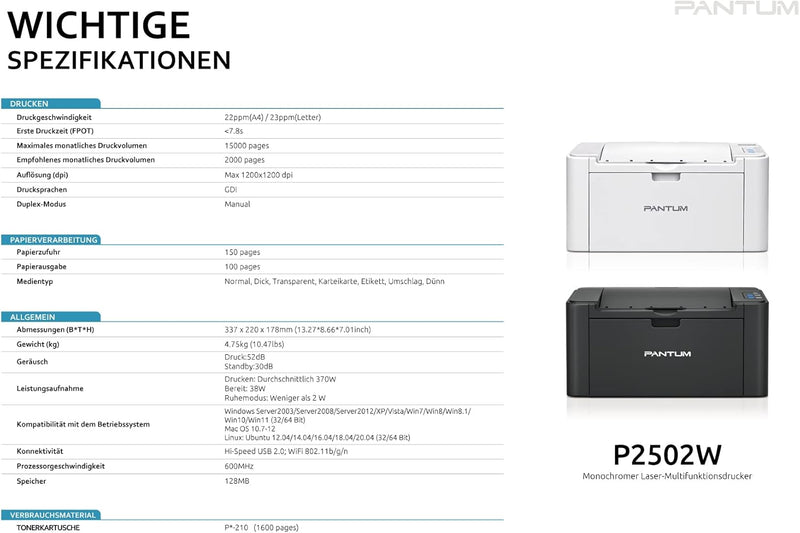 PANTUM P2502W/P2500W Schwarzweiss-Laserdrucker mit WiFi-Unterstützung und AirPrint, 22 Seiten pro Mi