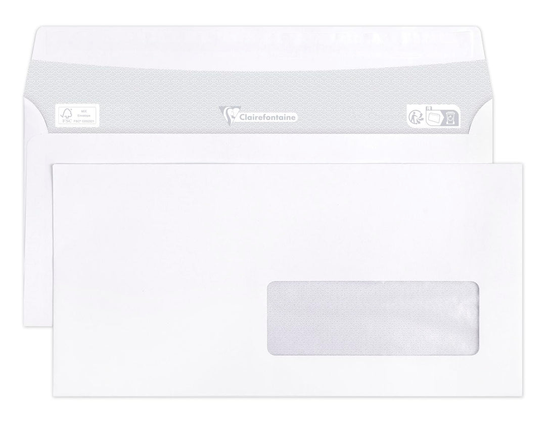 Clairefontaine 10905C - Karton mit 500 Umschlägen DL-110x220mm, selbstklebend, 90g, mit Sichtfenster