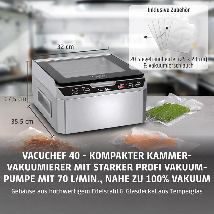 Caso VacuChef 40 - Kammervakuumierer aus Edelstahl, 3L Vakuumkammer 70 Liter/Minute, doppelte Schwei
