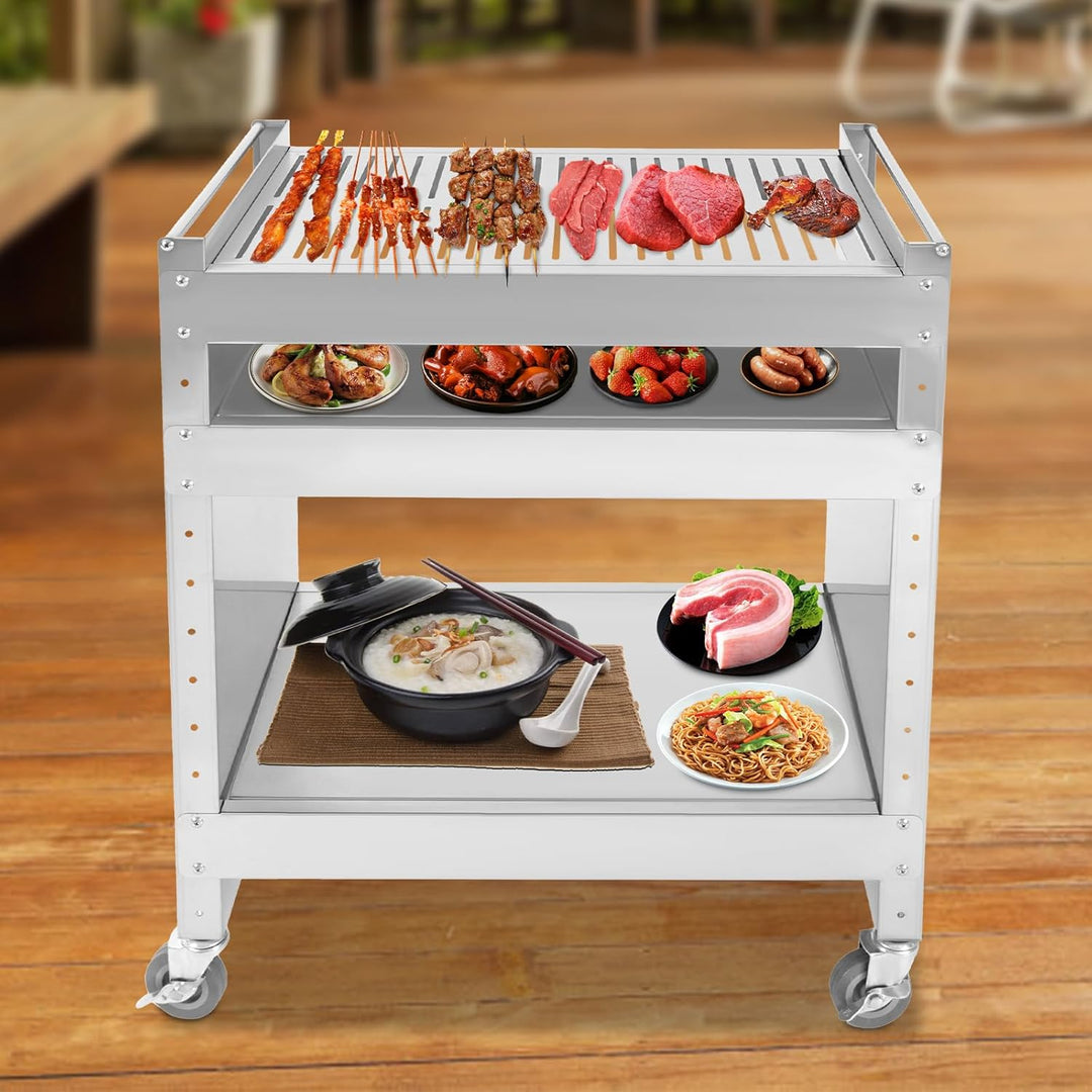 Edelstahl Grilltisch, Outdoor Grillwagen mit 3 Etagen, Grill Beistelltisch Outdoor, Grilltisch Rollw
