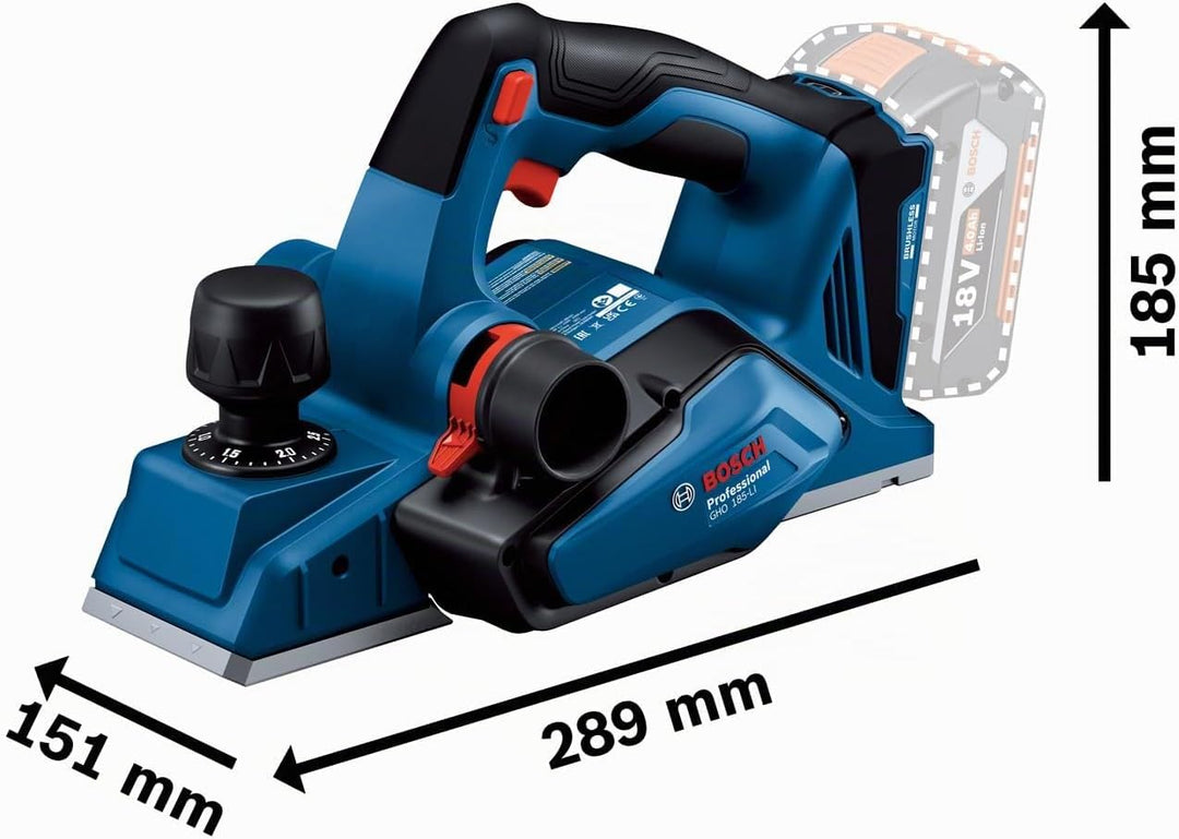 Bosch Professional System 18V: Akkuhobel GHO 185-LI (Montageschlüssel, Führungshalter, Staubbeutel)