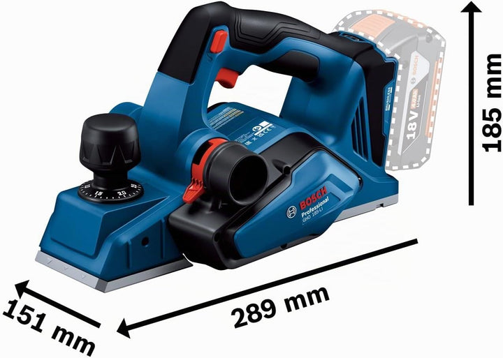 Bosch Professional System 18V: Akkuhobel GHO 185-LI (Montageschlüssel, Führungshalter, Staubbeutel)