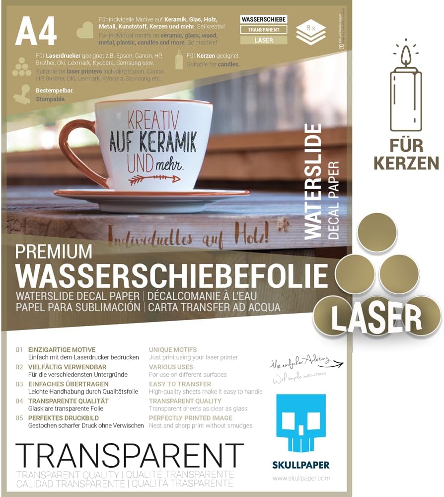 SKULLPAPER® Wasserschiebefolie TRANSPARENT für Laserdrucker - hauchdünn DIY Decal Abziehbild - Nasss