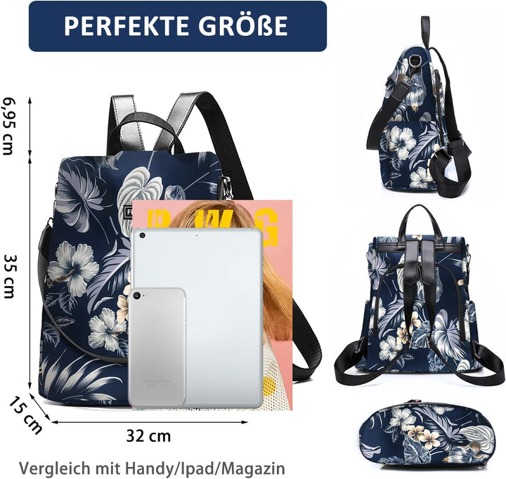 Fmeida Rucksack Damen Anti Diebstahl Nylon Handtaschen Wasserdichte 2 in 1 Schultertasche Casual Day