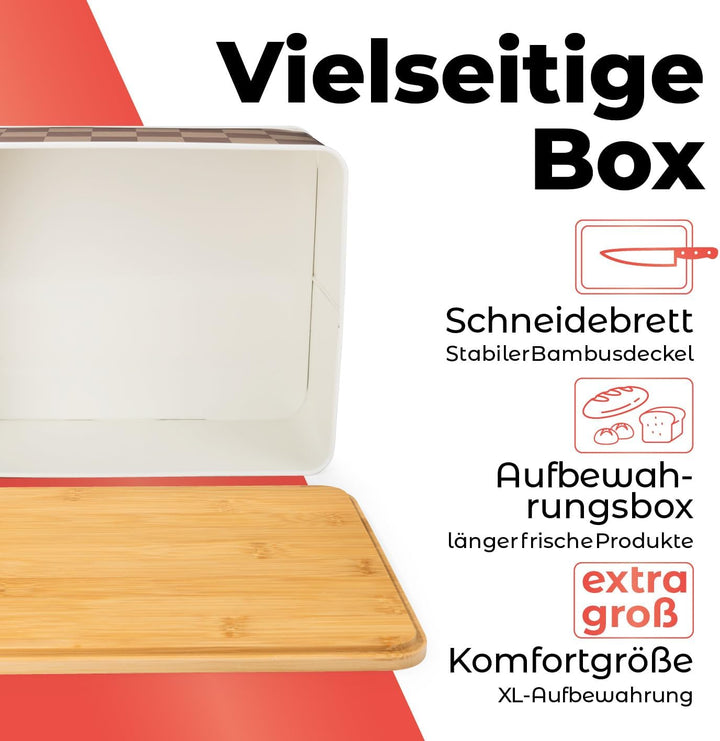 Lumaland Cuisine Brotkasten in trendigem Karo-Design Brotdose aus Metall mit Bambus Deckel | Brotbox