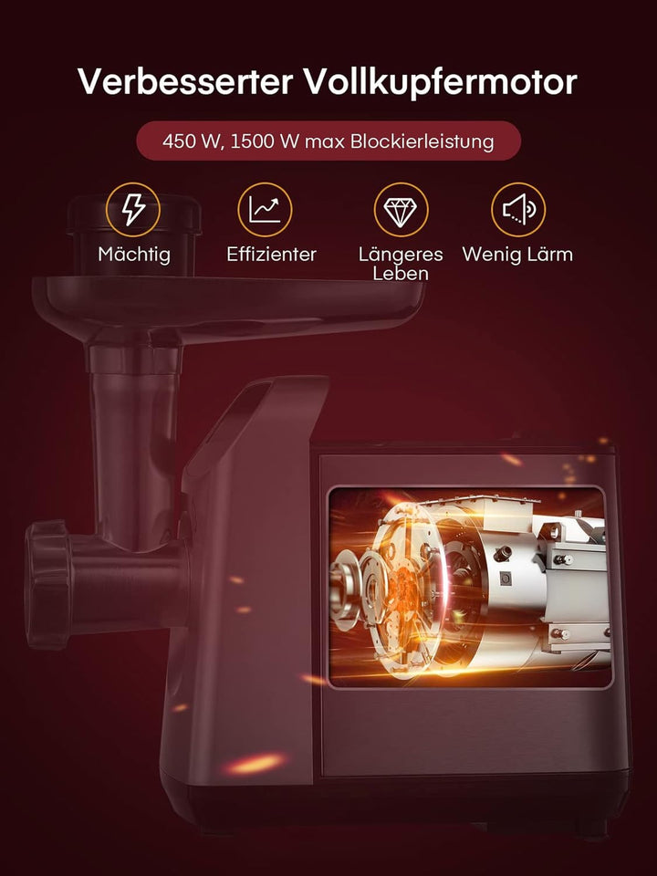 Fleischwolf Elektrisch, CompactPower Wurstaufsatz, 1500W Blockierleistung, 450W, 3 Edelstahl Loch-Sc