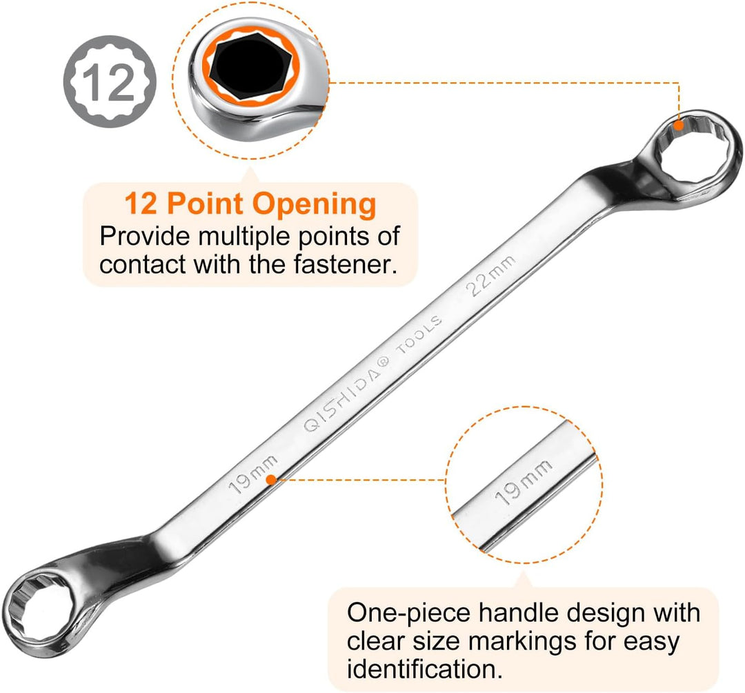 QUARKZMAN 2 Stück 45 Grad Offset Ring-Maulschlüssel 19mm x 22mm Metrisch 12-Punkt Spiegelverchromter