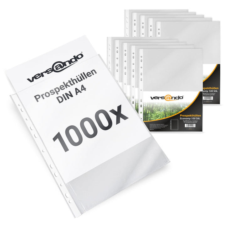 versando 1.000x A4 Prospekthüllen Economy mit Heftrand Klarsichthüllen genarbt transparent 45my (10x