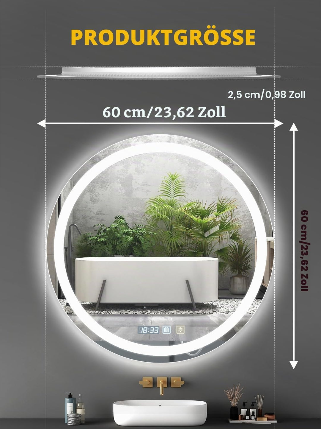 Viugreum Runder Badspiegel mit Beleuchtung, 60cm Spiegel mit Beleuchtung, Badezimmer Wandspiegel mit