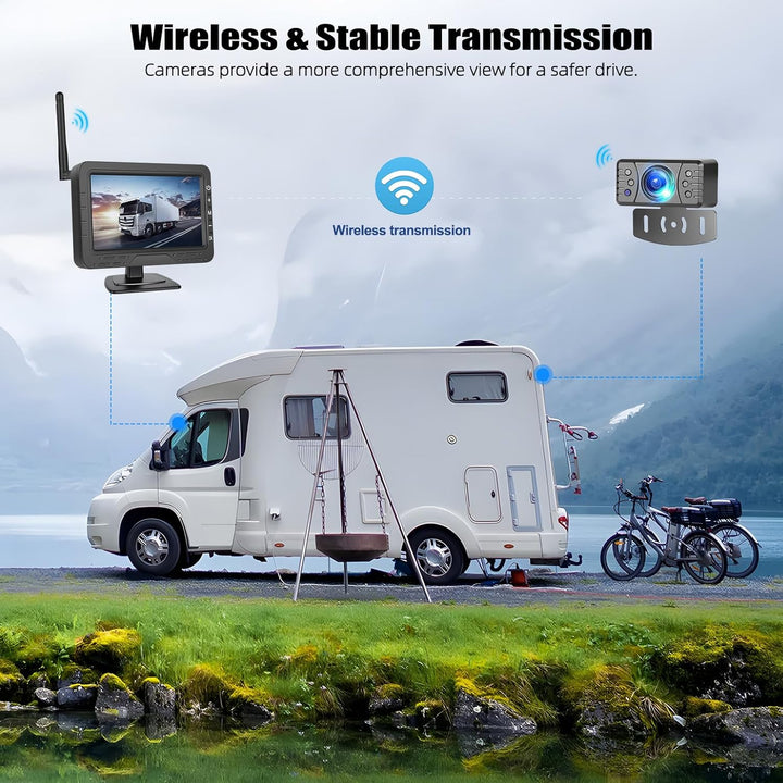 CAMECHO Rückfahrkamera Kabellos IP68 Wasserdicht Nachtsicht Weitwinkel Kamera mit 4.3 Zoll TN Bildsc