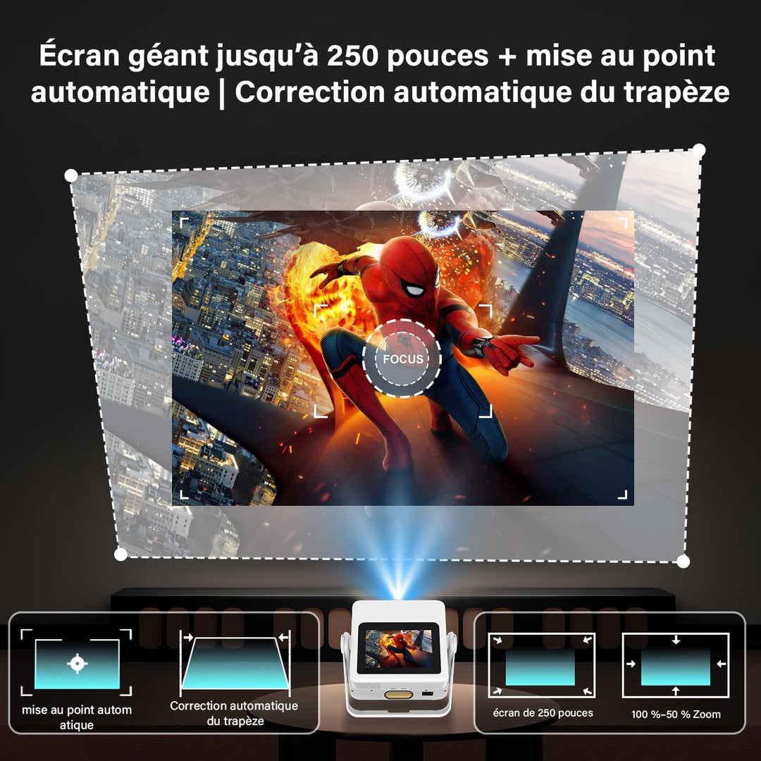 Smart Mini Beamer 4K-Unterstützung mit Touchscreen, 1100ANSI Outdoor Projektor, Autofokus & Trapezko