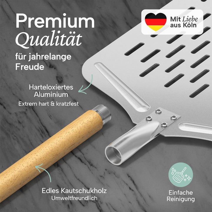 Blumtal Pizzaschieber perforiert 30,5x30,5 cm Fläche + Holzgriff 24,5 cm - Pizzaschaufel perforiert